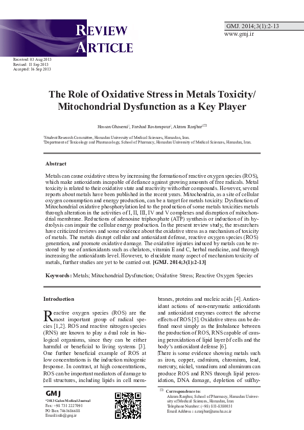 (PDF) The Role of Oxidative Stress in Metals Toxicity; Mitochondrial ...