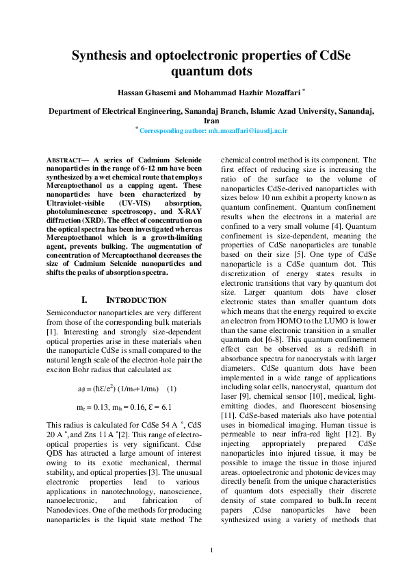 (PDF) Synthesis and optoelectronic properties of CdSe quantum dots
