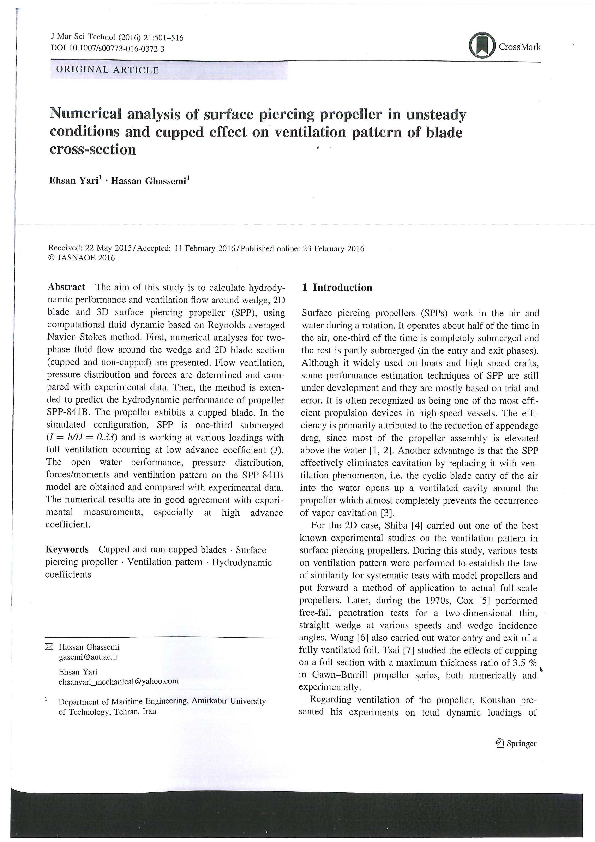 (PDF) Numerical analysis of surface piercing propeller in unsteady ...