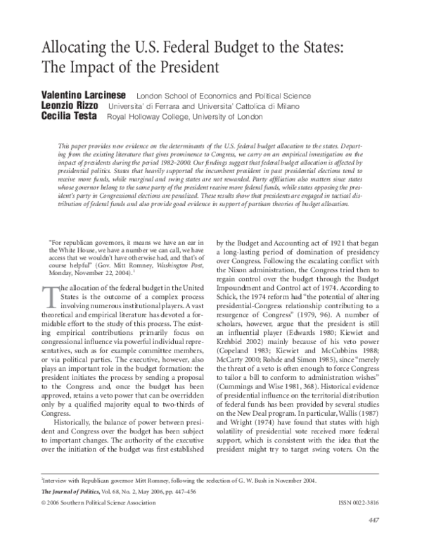 (PDF) Allocating the US Federal Budget to the States: the Impact of the ...