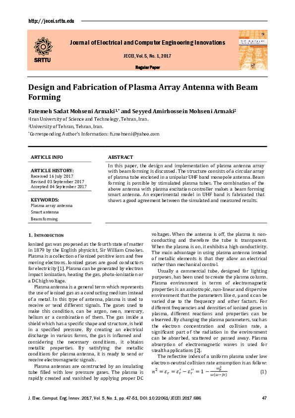 (PDF) Design and Fabrication of Plasma Array Antenna with Beam Forming