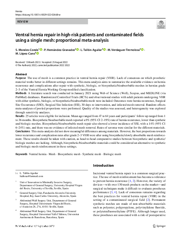 (PDF) Ventral hernia repair in high-risk patients and contaminated ...