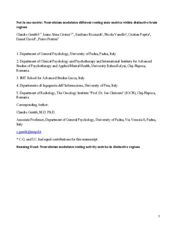 (PDF) Not in one metric: Neuroticism modulates different resting state ...