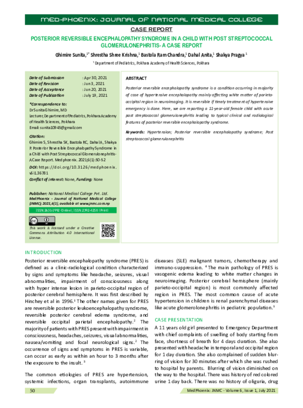 (PDF) Posterior Reversible Encepalopathy Syndrome in A Child With Post