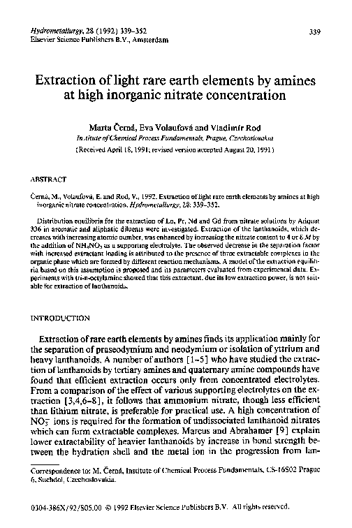 (PDF) Extraction of light rare earth elements by amines at high ...