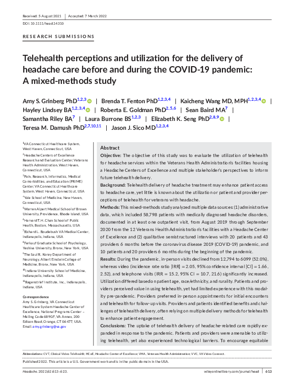 (PDF) Telehealth perceptions and utilization for the delivery of ...