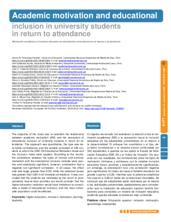 (PDF) Academic motivation and educational inclusion in university ...