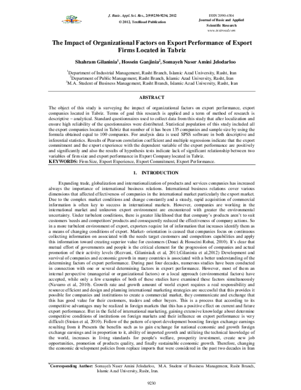 (PDF) The Impact of Organizational Factors on Export Performance of ...