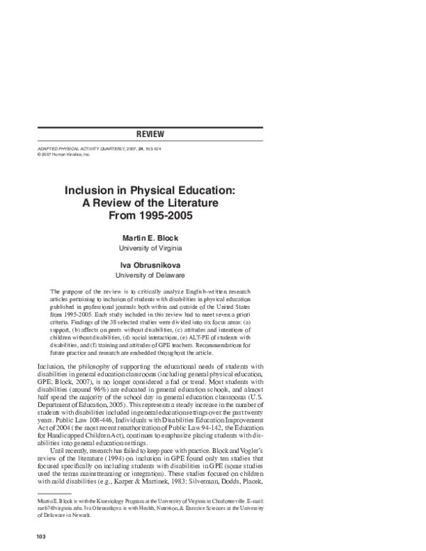 (PDF) Inclusion in Physical Education: A Review of the Literature from ...
