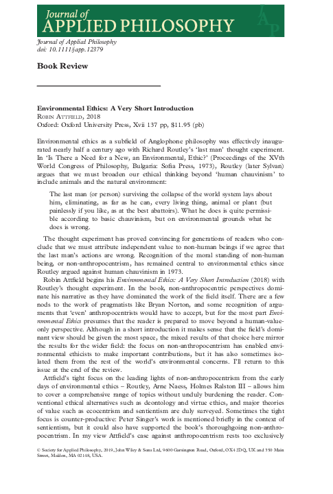(PDF) Environmental Ethics: A Very Short Introduction [Book review]