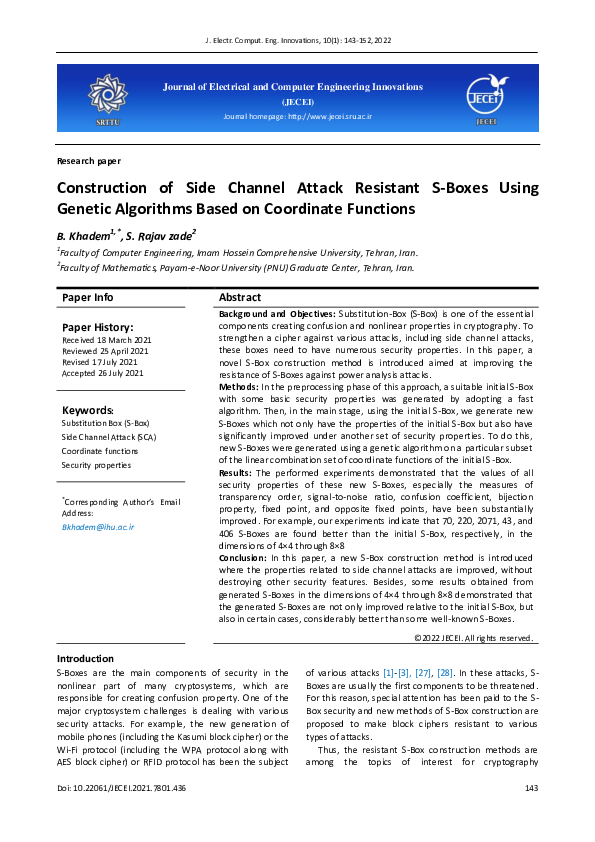 (PDF) Construction of Side Channel Attack Resistant S-Boxes Using ...