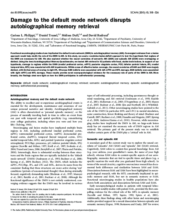 (PDF) Damage to the default mode network disrupts autobiographical ...