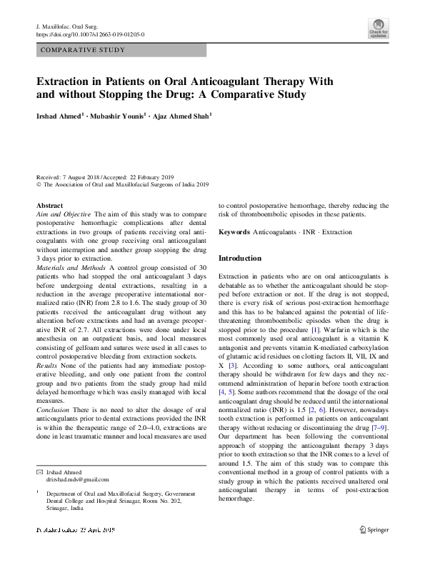(PDF) Extraction in Patients on Oral Anticoagulant Therapy With and ...