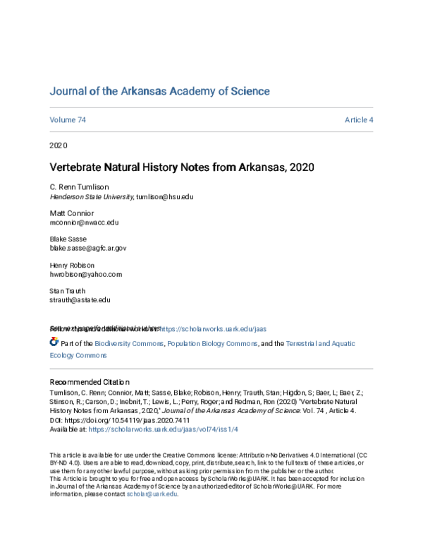 (PDF) Vertebrate Natural History Notes from Arkansas, 2020