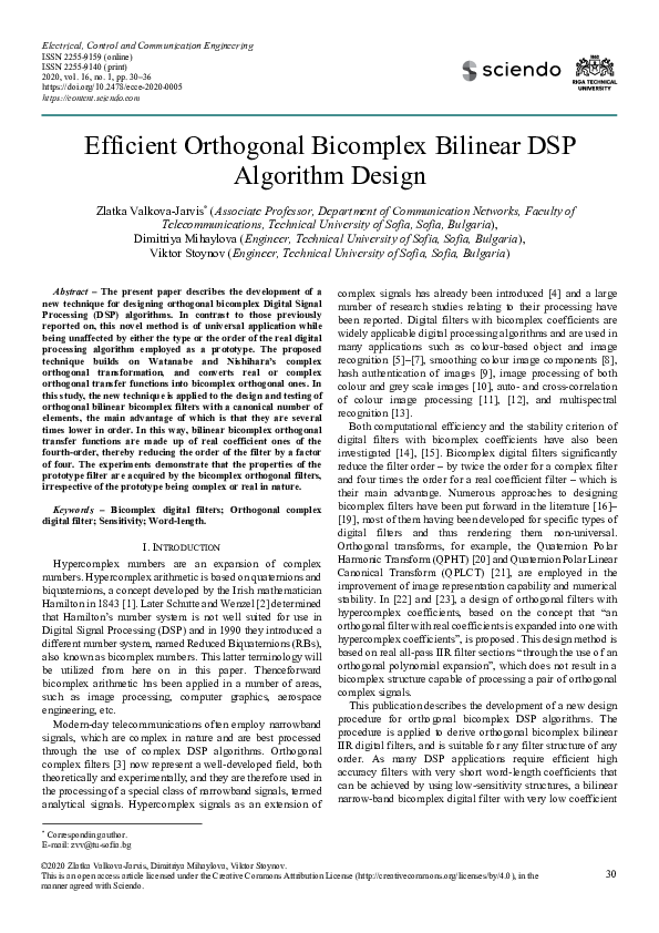 (PDF) Efficient Orthogonal Bicomplex Bilinear DSP Algorithm Design