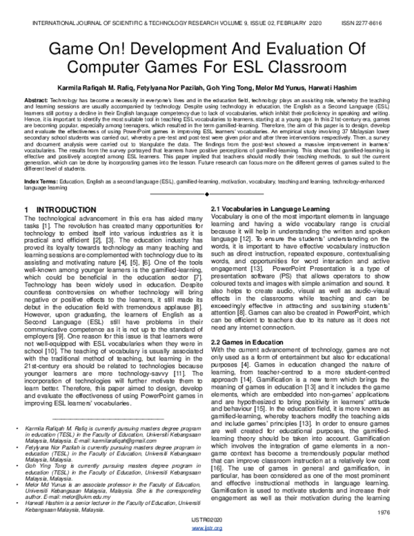 (PDF) Game On! Development And Evaluation Of Computer Games For ESL ...