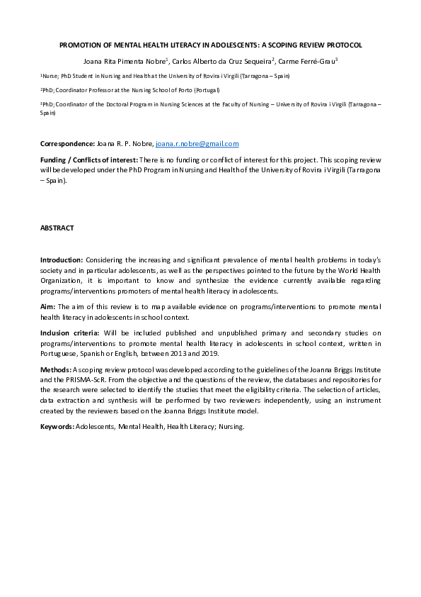 (PDF) Promotion of Mental Health Literacy in Adolescents: A Scoping ...