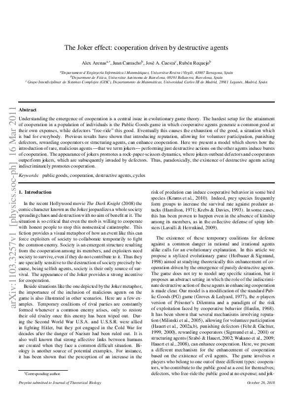 (PDF) The joker effect Cooperation driven by destructive agents Juan