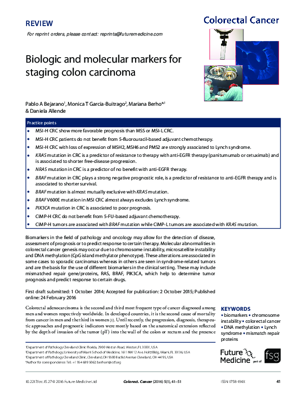 (PDF) Biologic and molecular markers for staging colon carcinoma