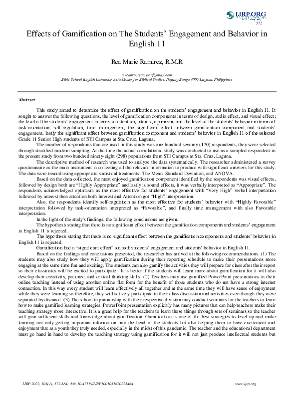 (PDF) Effects of Gamification on the Students' Engagement and Behavior ...