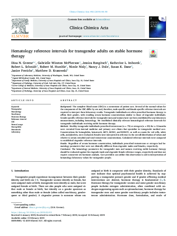 (PDF) Hematology reference intervals for transgender adults on stable ...