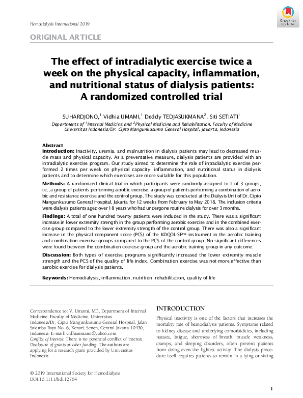 (PDF) The effect of intradialytic exercise twice a week on the physical ...