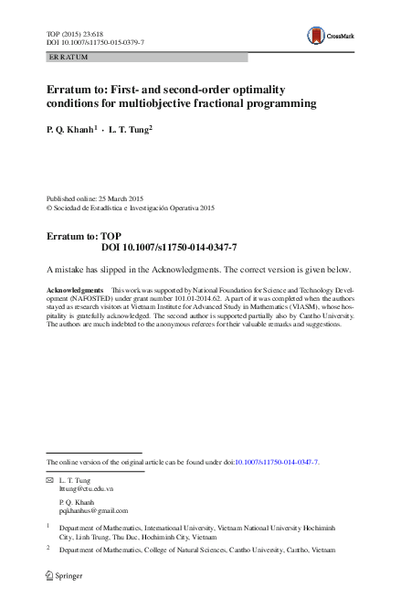 Erratum to: First- and second-order optimality conditions for multiobjective fractional programming