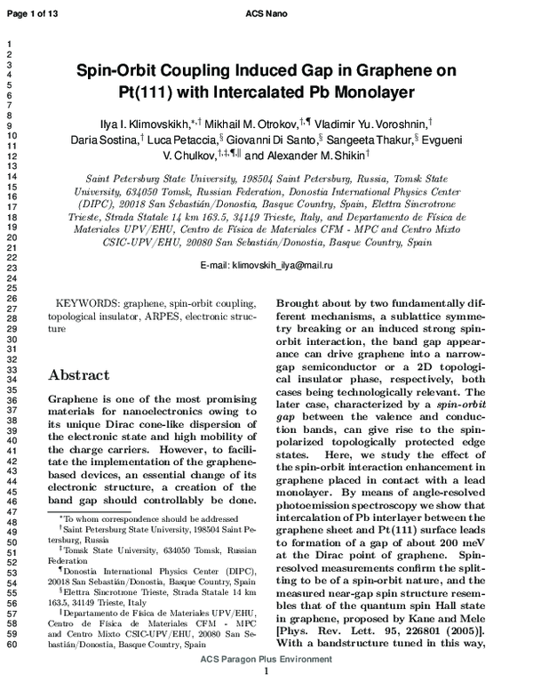 (PDF) Spin–Orbit Coupling Induced Gap in Graphene on Pt(111) with ...
