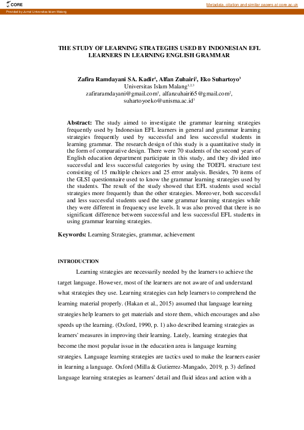 (PDF) The Study of Learning Strategies Used by Indonesian Efl Learners ...