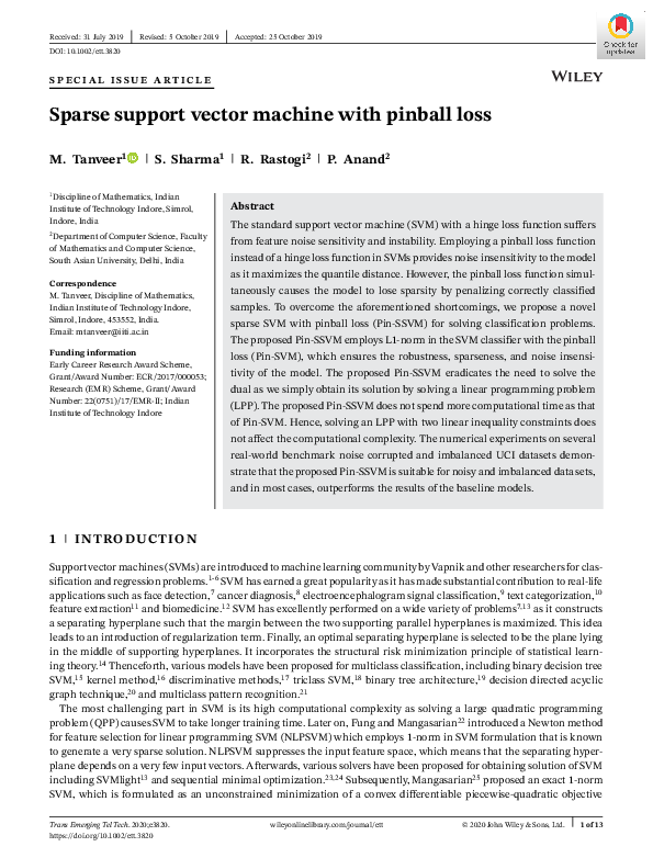 (PDF) Sparse support vector machine with pinball loss