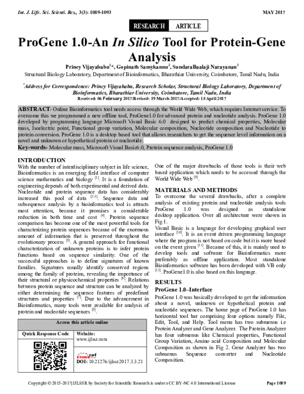 (PDF) ProGene 1.0-An In Silico Tool for Protein-Gene Analysis