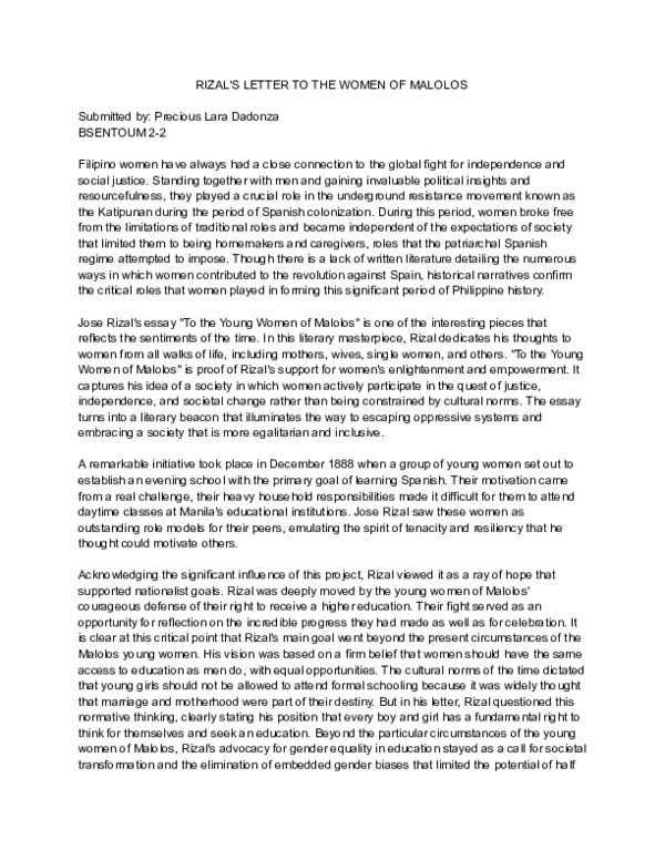 (PDF) RIZAL'S LETTER TO THE WOMEN OF MALOLOS
