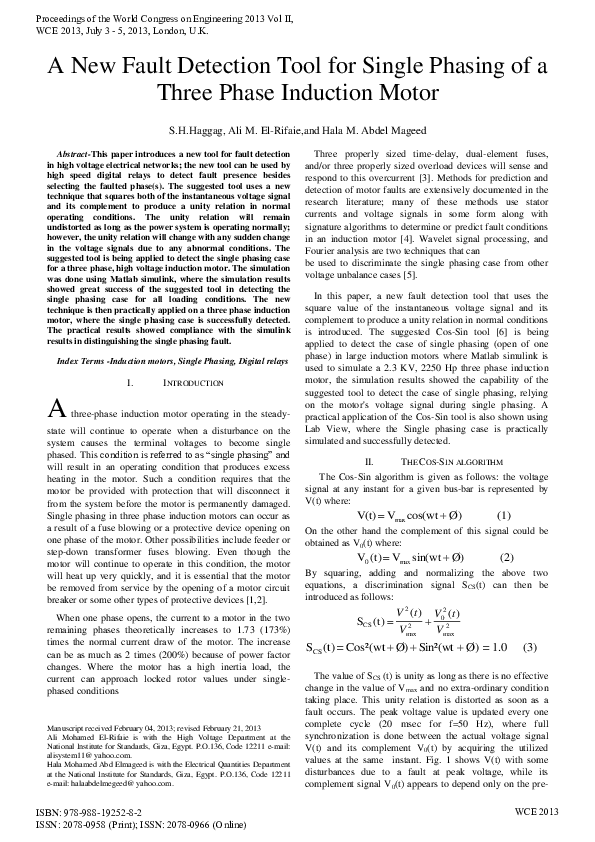 (PDF) A New Fault Detection Tool for Single Phasing of a Three Phase ...