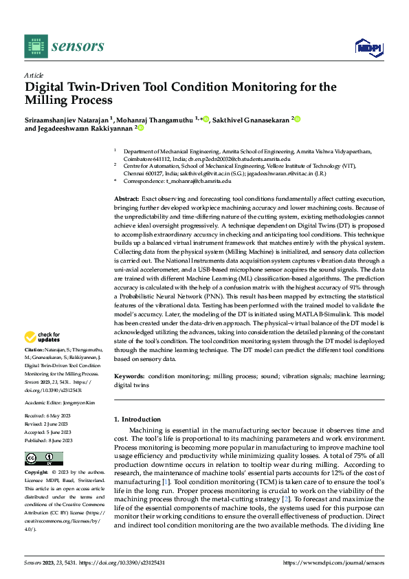 (PDF) Digital Twin-Driven Tool Condition Monitoring for the Milling Process