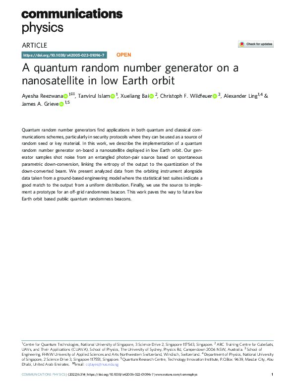 (PDF) A quantum random number generator on a nanosatellite in low Earth ...