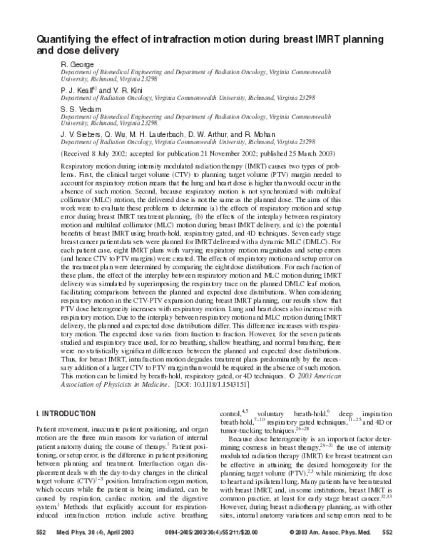 (PDF) Quantifying the effect of intrafraction motion during breast IMRT ...