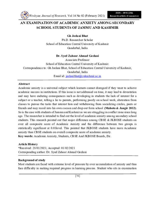 (PDF) AN EXAMINATION OF ACADEMIC ANXIETY AMONG SECONDARY SCHOOL ...