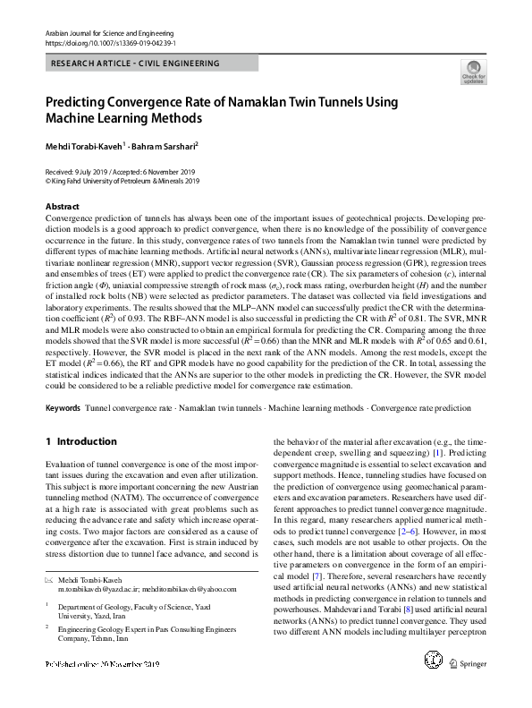 (PDF) Predicting Convergence Rate of Namaklan Twin Tunnels Using ...