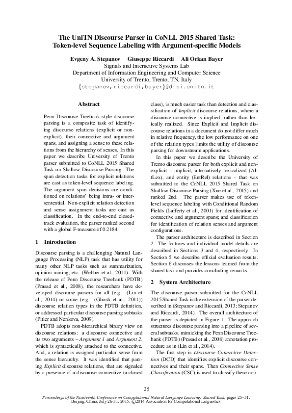 (PDF) The UniTN Discourse Parser in CoNLL 2015 Shared Task: Token-level ...