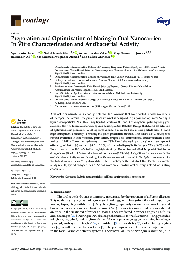 (PDF) Preparation and Optimization of Naringin Oral Nanocarrier: In ...