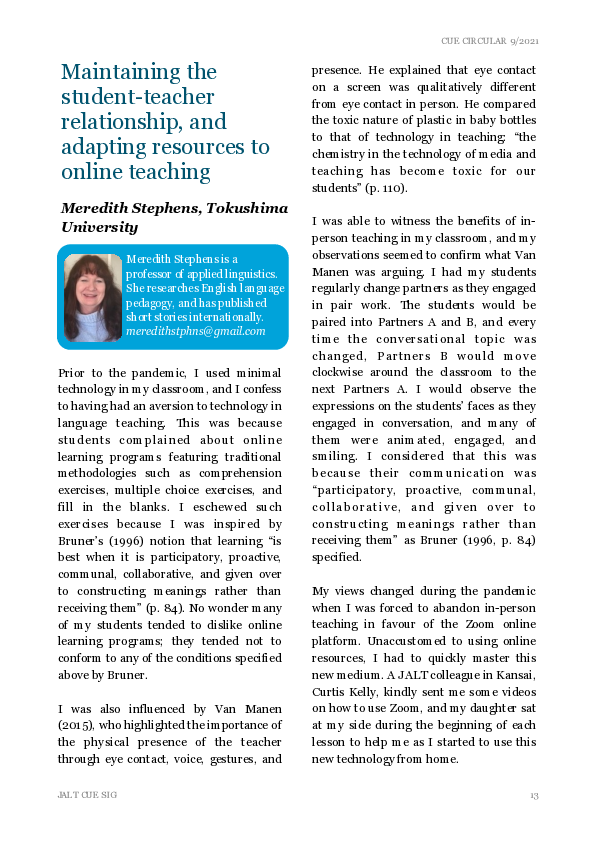 (PDF) Maintaining the student - teacher relationship and adapting ...