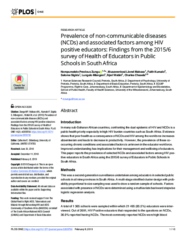 Prevalence of non-communicable diseases (NCDs) and associated factors among HIV positive educators: Findings from the 2015/6 survey of Health of Educators in Public Schools in South Africa