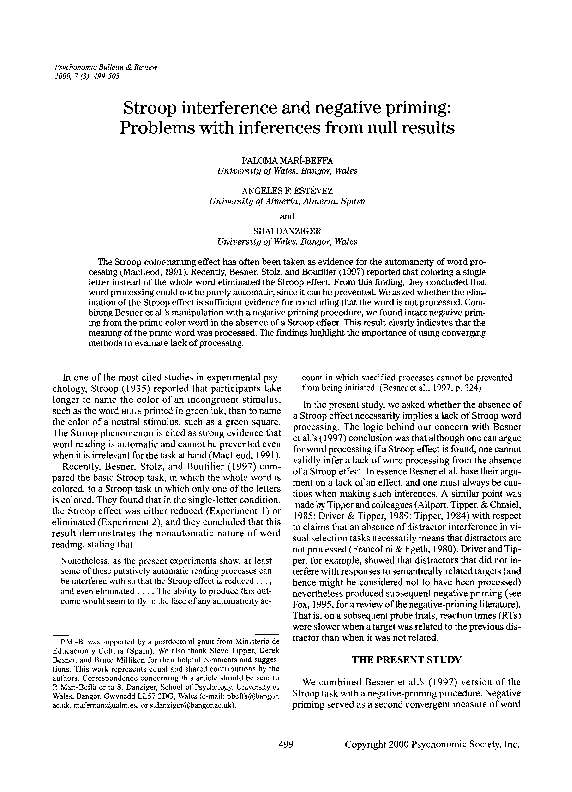 (PDF) Stroop interference and negative priming: Problems with ...