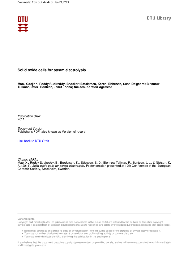 (PDF) Solid oxide cells for steam electrolysis