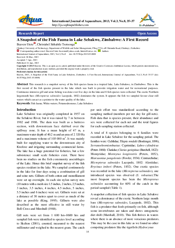 (PDF) A Snapshot of the Fish Fauna in Lake Sebakwe, Zimbabwe: A First ...