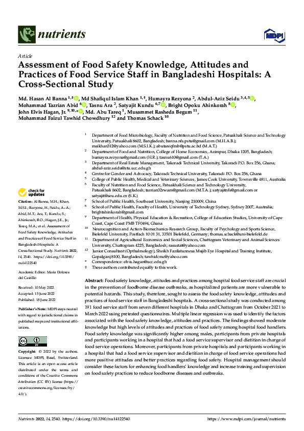 (PDF) Assessment of Food Safety Knowledge, Attitudes and Practices of ...