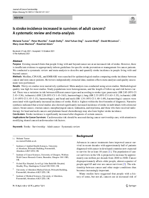 (PDF) Is stroke incidence increased in survivors of adult cancers? A ...