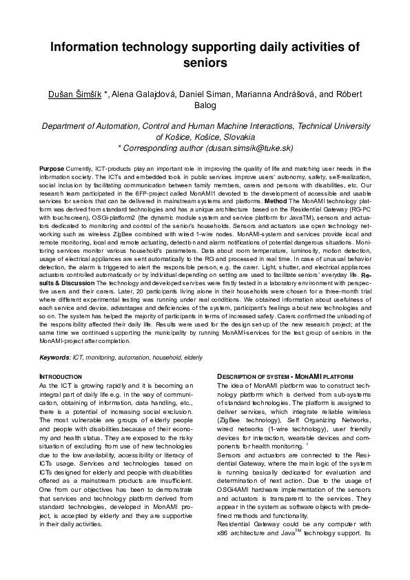 (PDF) Information technology supporting daily activities of seniors