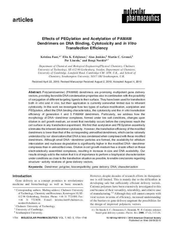 (PDF) Effects of PEGylation and Acetylation of PAMAM Dendrimers on DNA ...