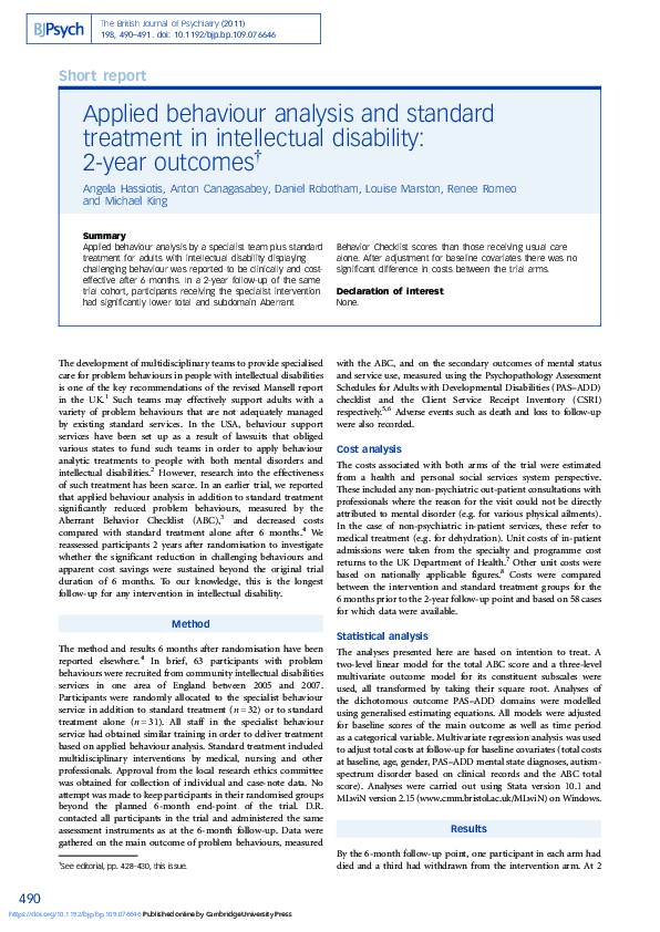 (PDF) Applied behaviour analysis and standard treatment in intellectual ...
